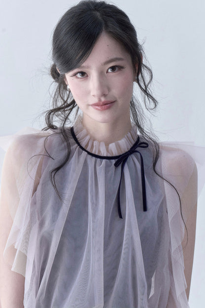Pleated Mesh Flutter Sleeve Layered-Look Dress