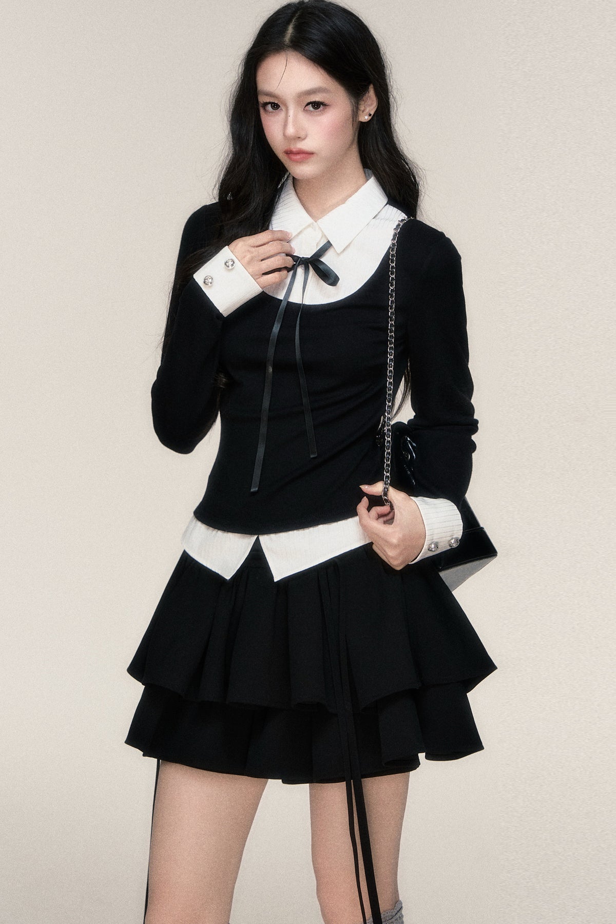 Lace-Up Color-Block T-Shirt and Skirt Set-Up