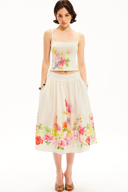 Retro Tencel Printed Camisole Skirt Set-Up