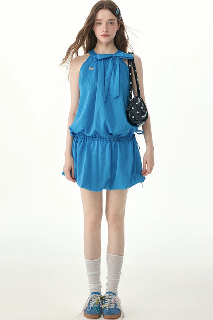 Blue Halter Bow Sleeveless Dress