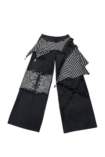 Striped Leopard Patchwork Tie-Up Wide-Leg Jeans
