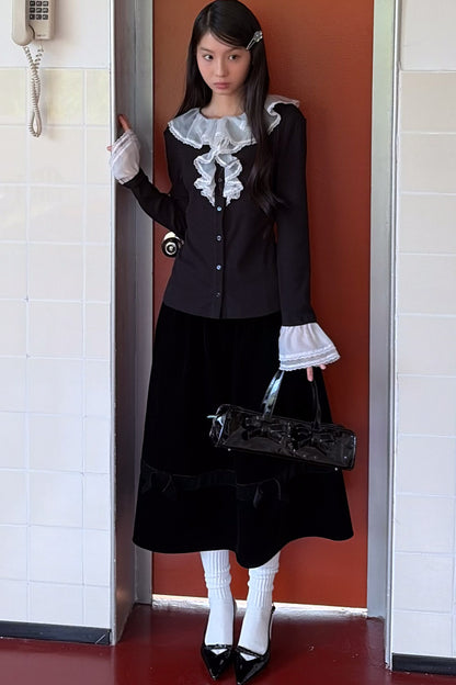 Black Velvet Bow Tie Midi Skirt