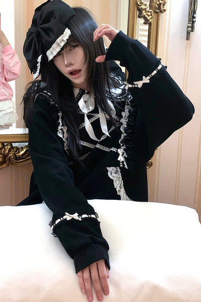 Bow Lace Trim Detachable Collar Sweatshirt and Leggings Set-Up