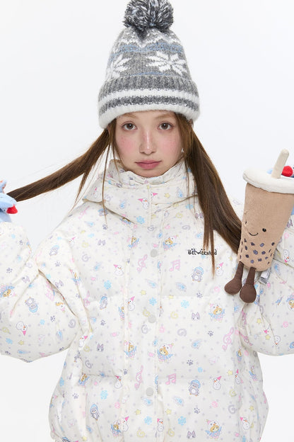 Beige Full Print Hooded Down Jacket