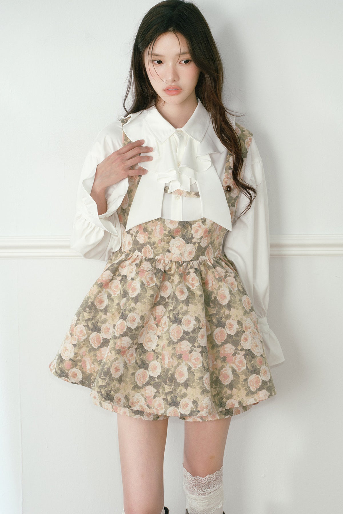 Floral Jacquard Vest Dress and White Ruffled Shirt Set-Up