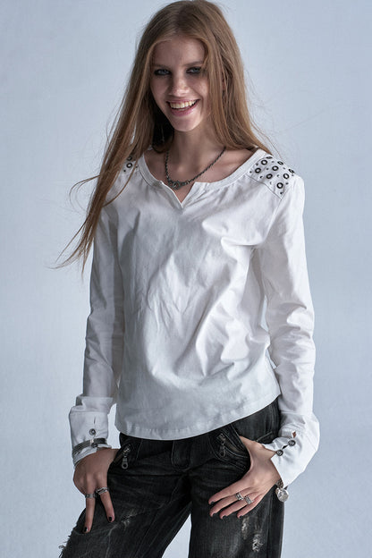 White V-Neck Rhinestone Long Sleeve T-Shirt