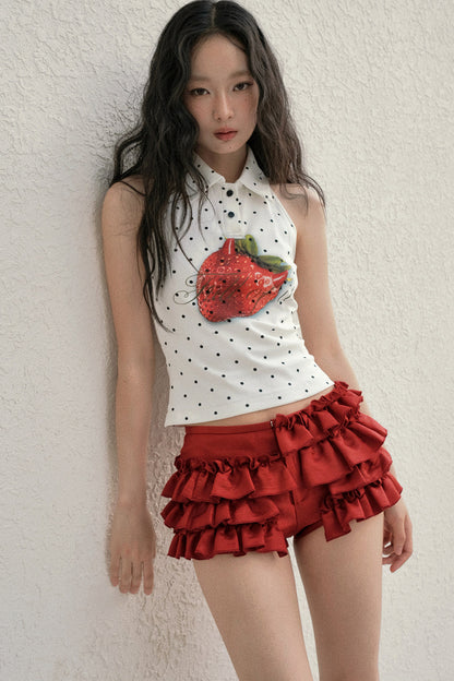 Top a canotta all'americana con schiena scoperta a pois fragola