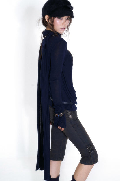 Cross-Neck Tencel Knit Mesh Spliced Long-Sleeved Top