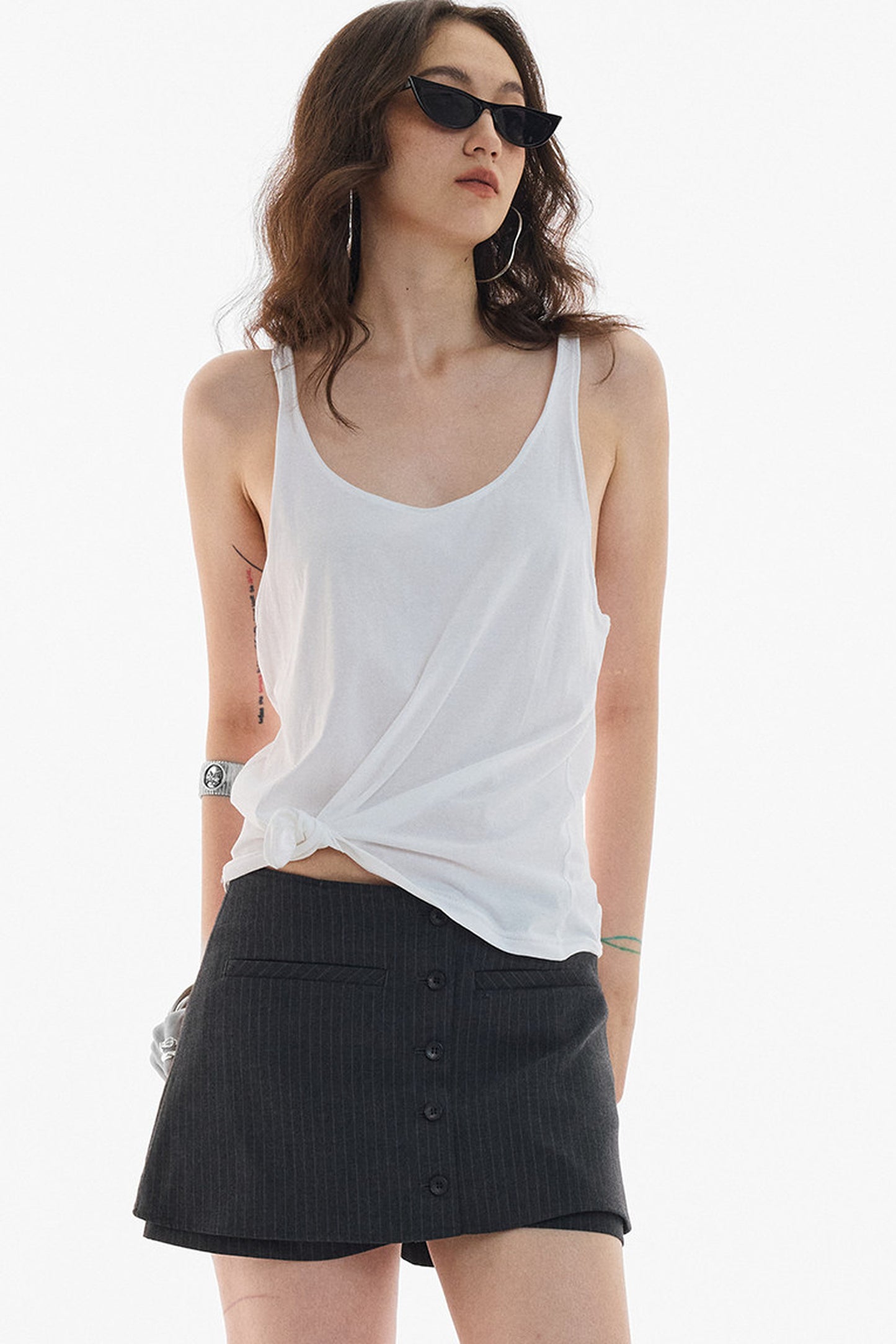 Gray White Striped Button Front Skirt