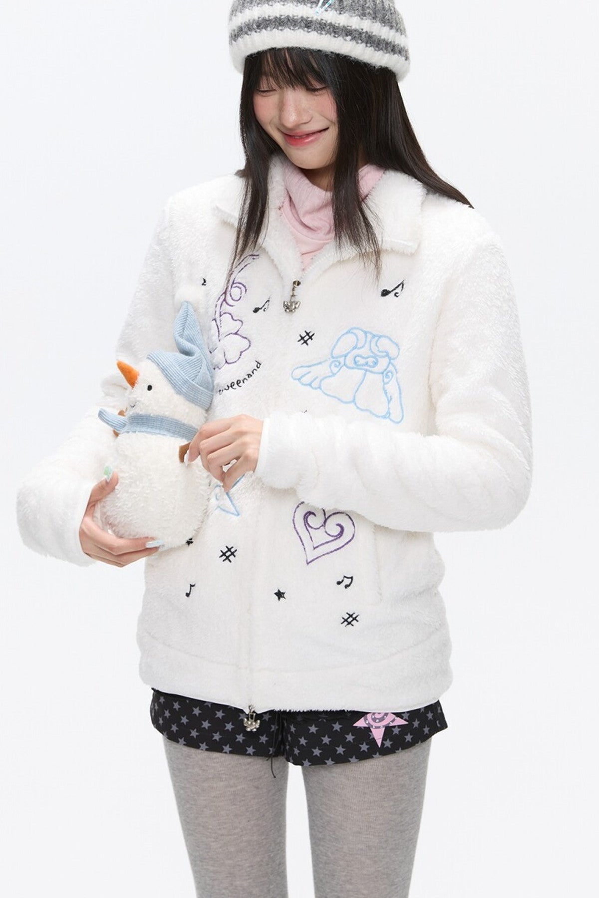 Embroidered Plush Fleece Coat