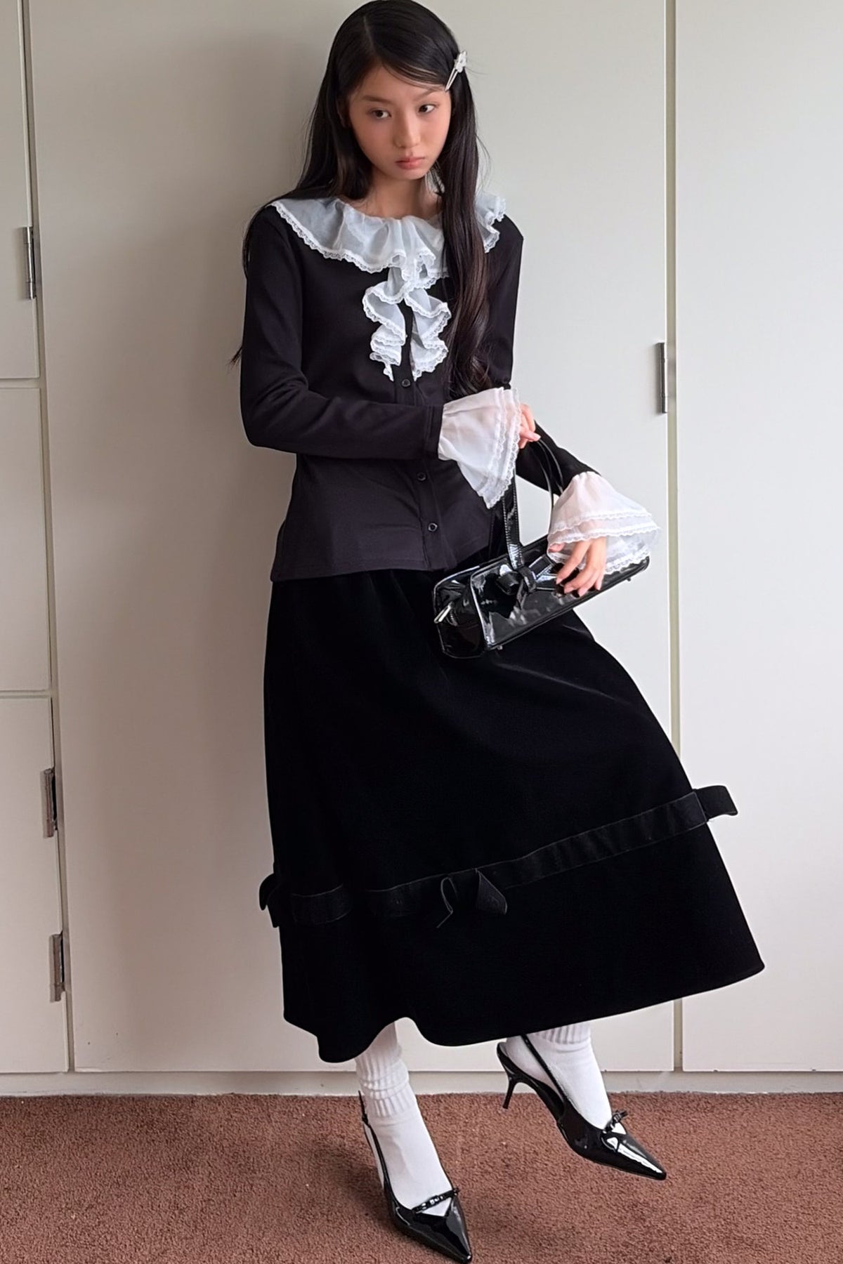 Black Velvet Bow Tie Midi Skirt