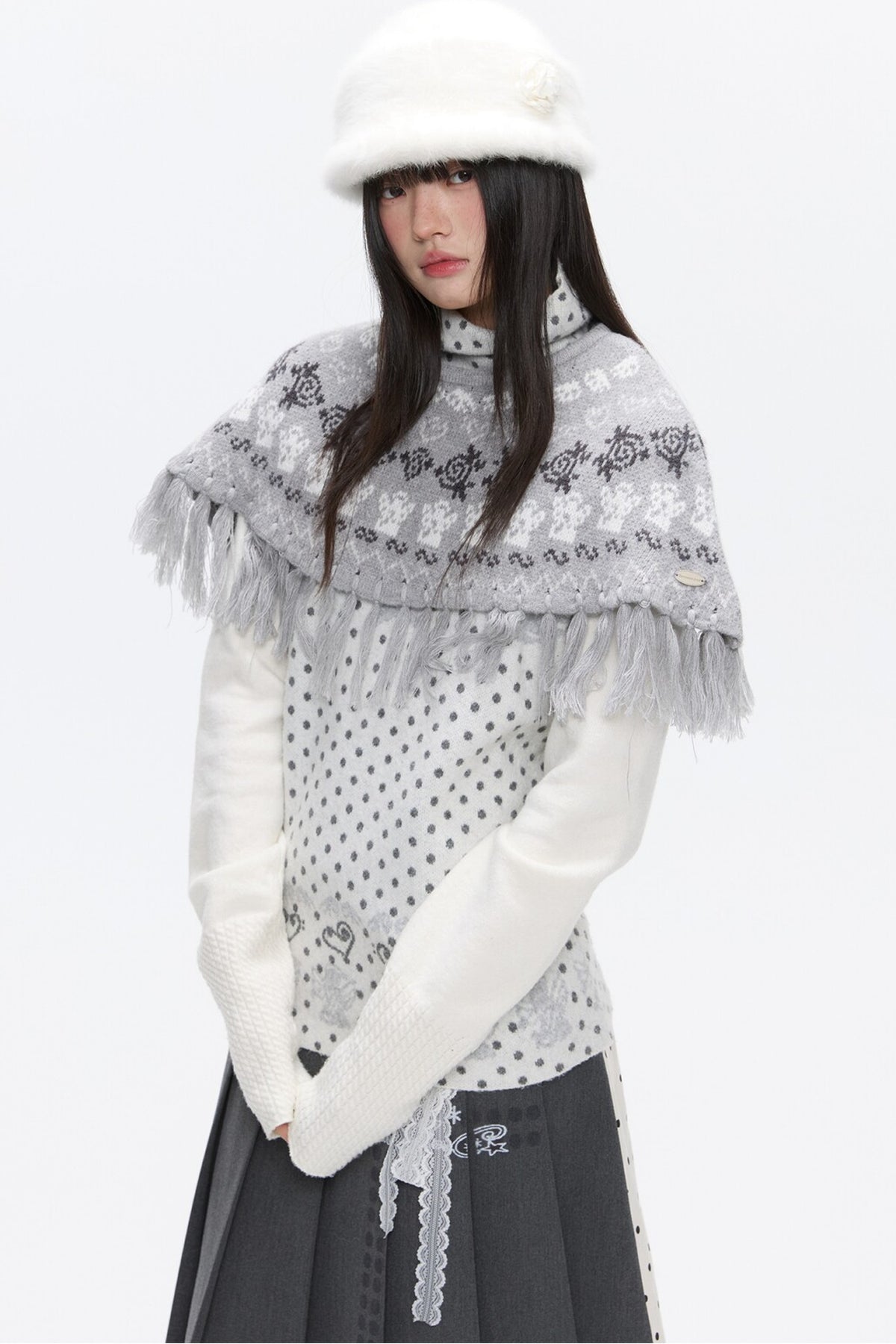 Fair Isle Tassel Knit Cape