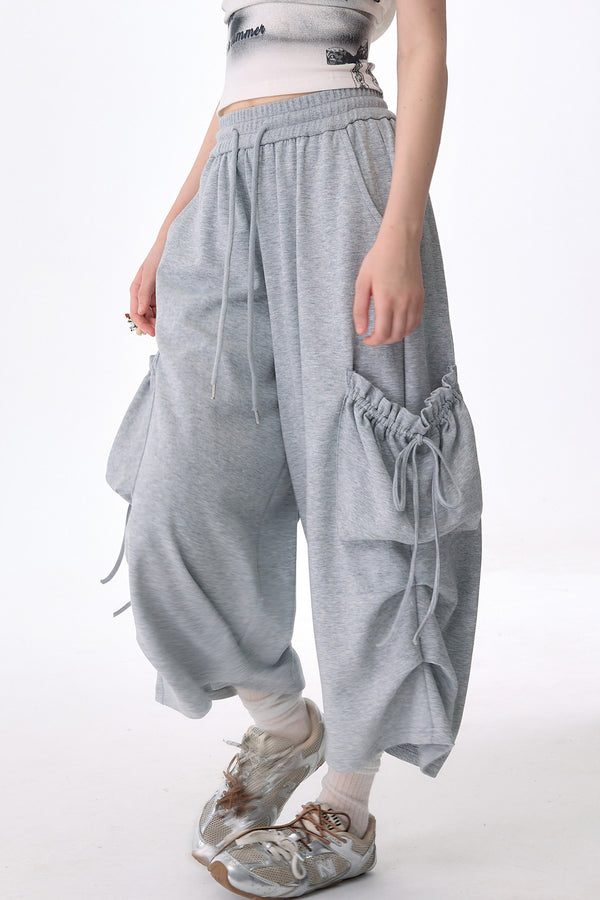 Gray Drawstring Pocket Wide-Leg Sweatpants