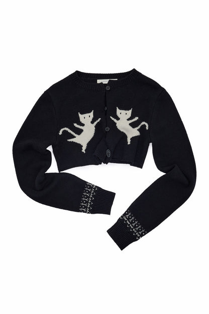 Fair-Isle-Jacquard-Set aus Katzen-Pullover, Strickjacke und Rock