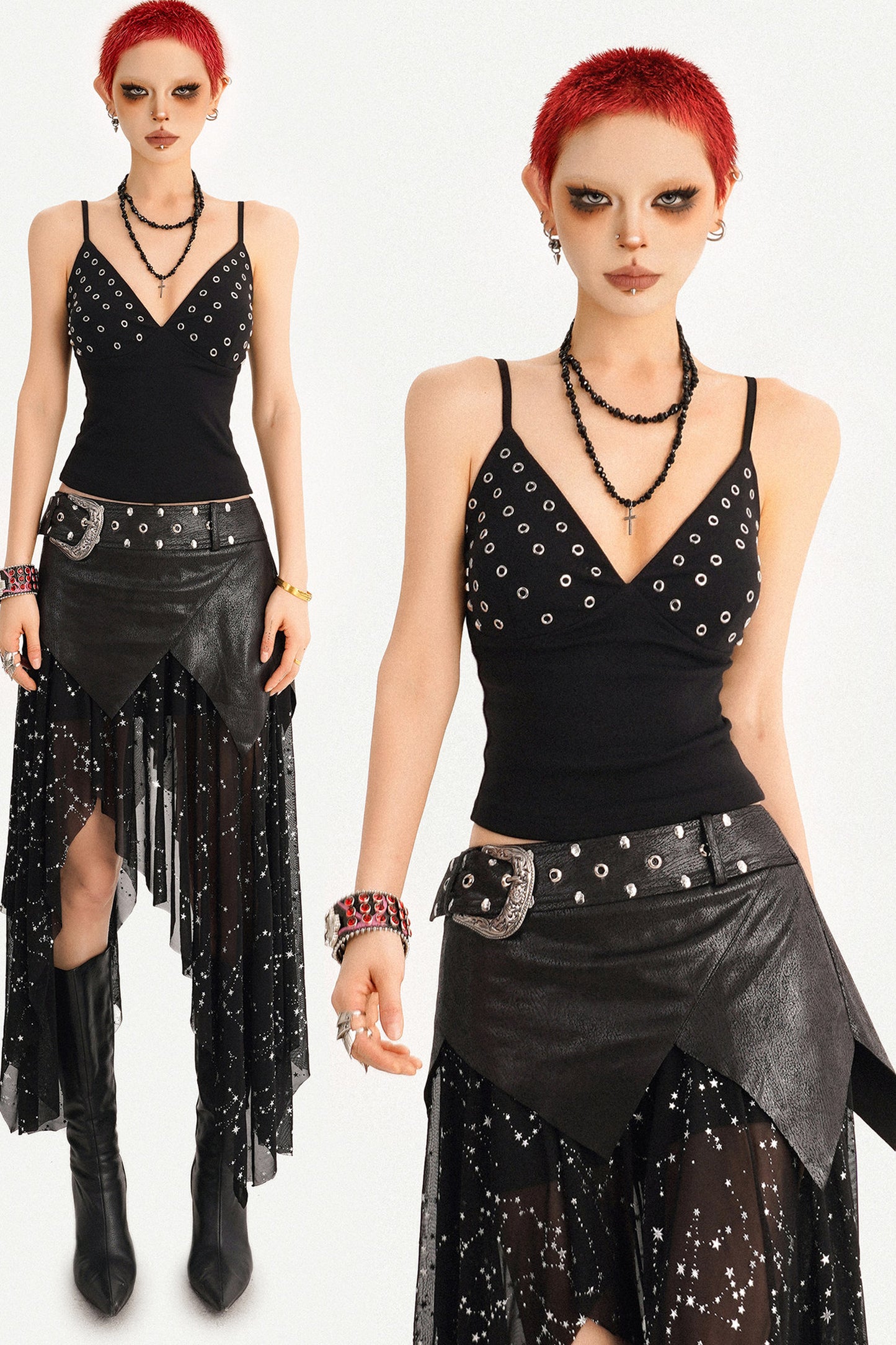 Black Deep V-Neck Metal Grommet Camisole