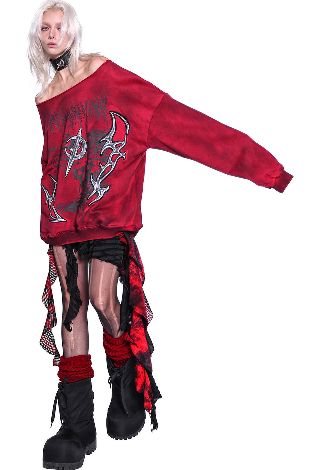 3D Embroidery Off-Shoulder Distressed Print Sweatshirt