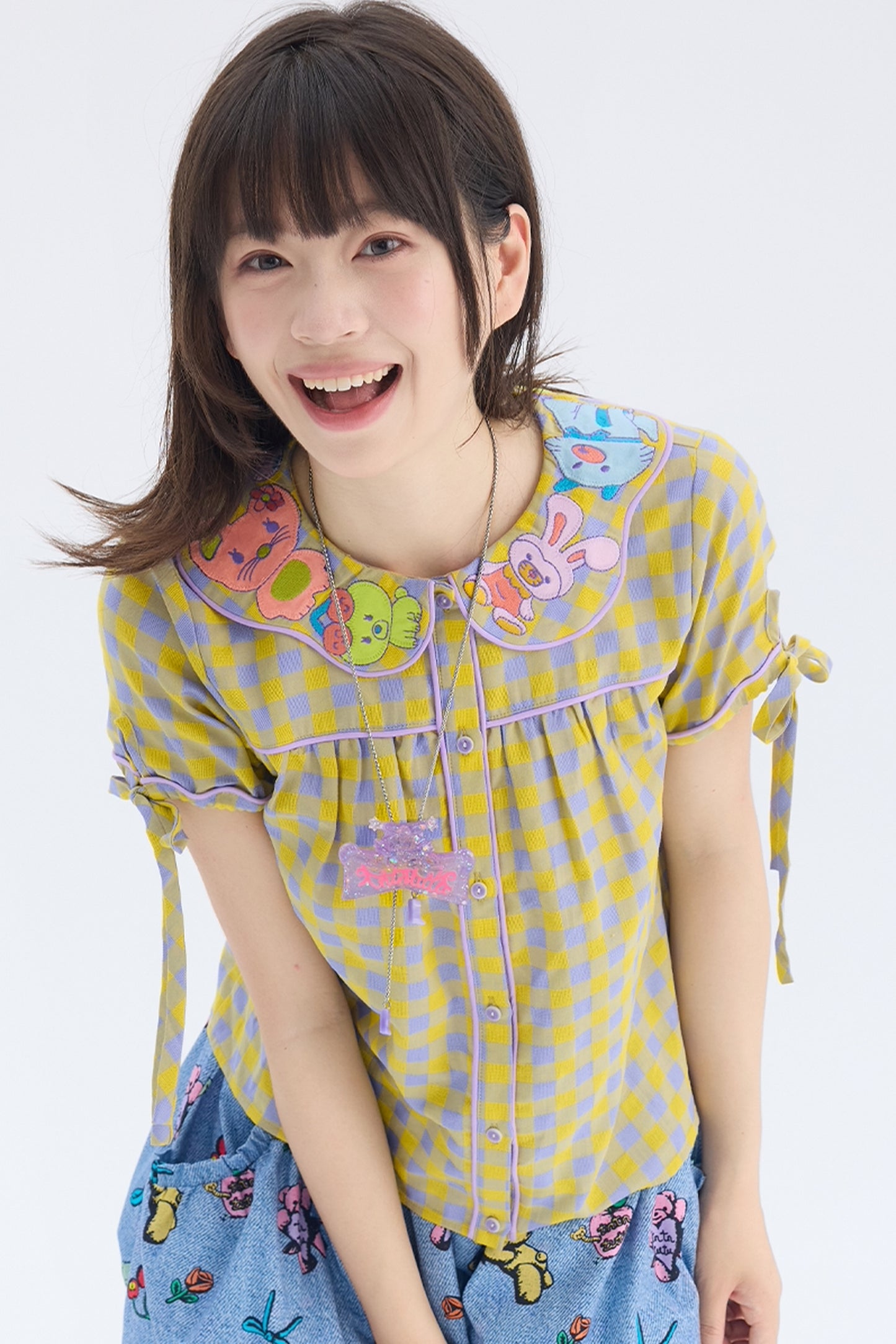 Yellow Purple Plaid Embroidered Doll Collar Shirt