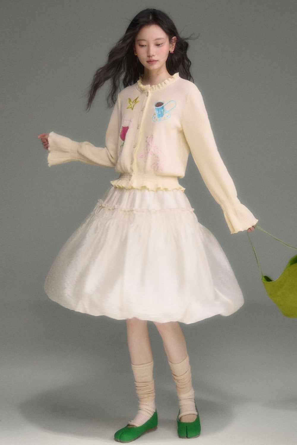 Hand-Painted Embroidered Bell-Sleeve Knit Cardigan