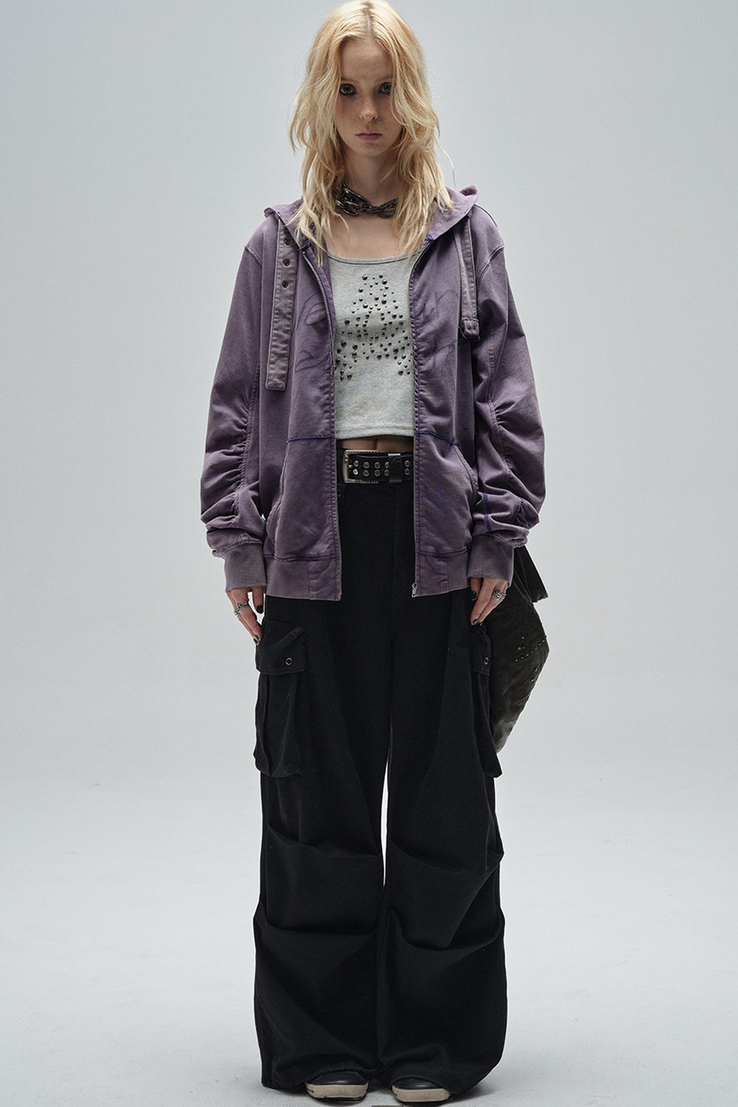 Sand-Washed Topstitched Ruched Hooded Strap Cardigan