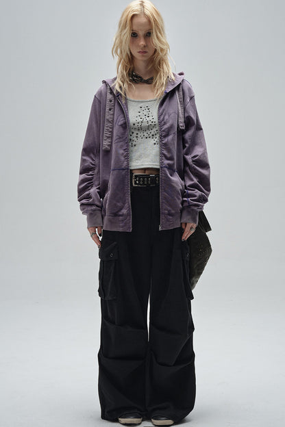 Sand-Washed Topstitched Ruched Hooded Strap Cardigan