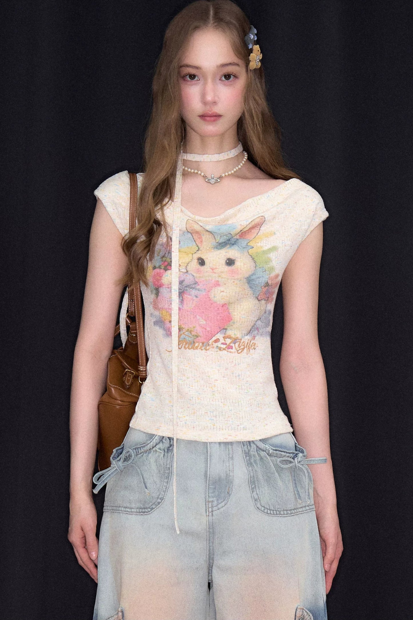 Rainbow Rabbit Knitted Off-Shoulder T-Shirt