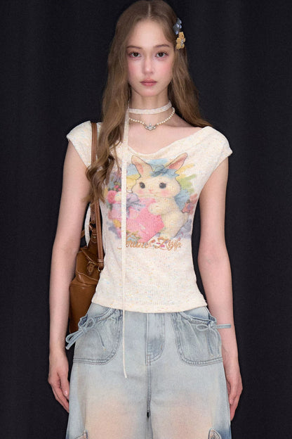 Rainbow Rabbit Knitted Off-Shoulder T-Shirt