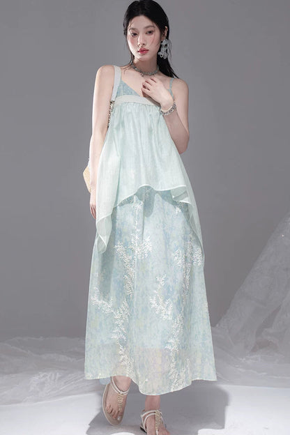 Glänzendes aquagrünes Trägerkleid-Set
