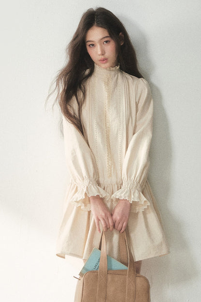 Lace High Collar Ruffle Dress