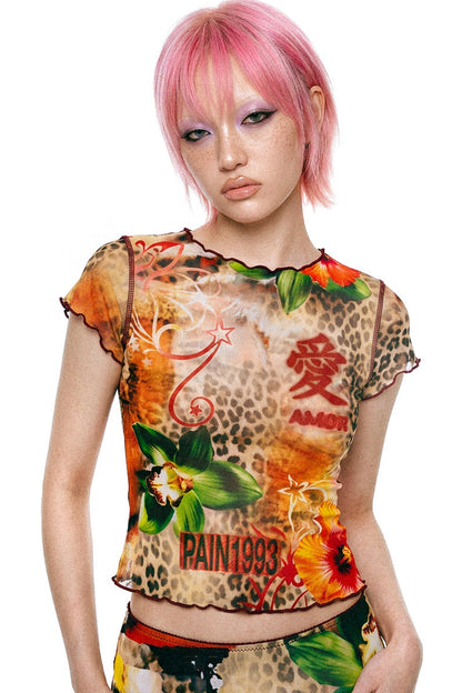 Completo con gonna a sirena in tessuto a rete con stampa leopardata