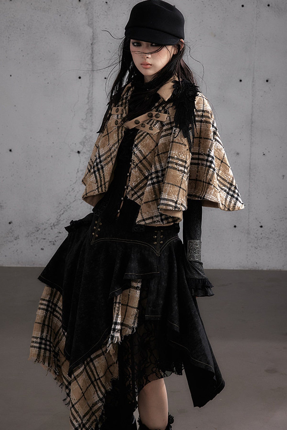 Reversible Wool Blend Plaid Cape