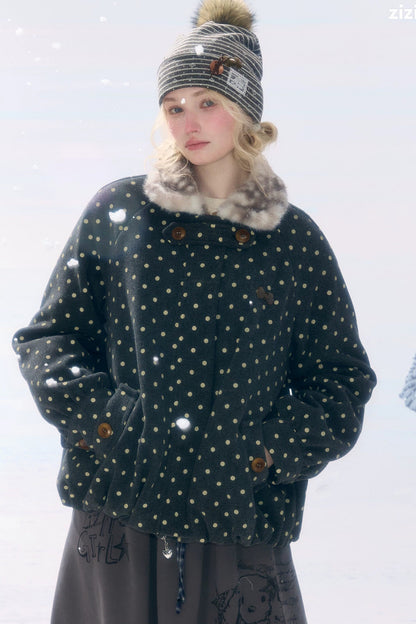 Short Polka Dot Plush Collar Cotton Jacket