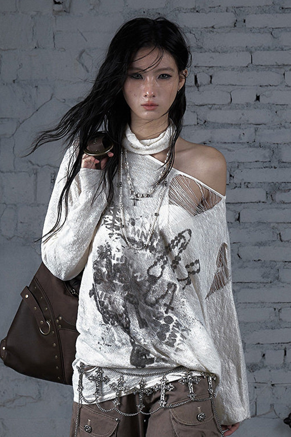 Ripped Off-Shoulder Punk Print Knit Top