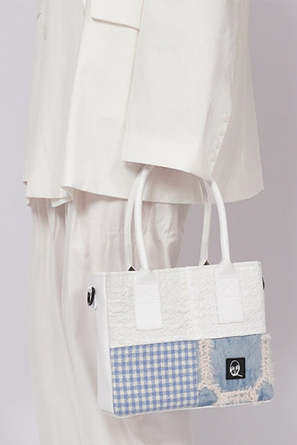 Borsa tote quadrata piccola a toppe con cuciture