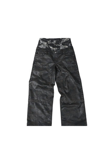 Camouflage Wax-Coated Distressed Denim Pants