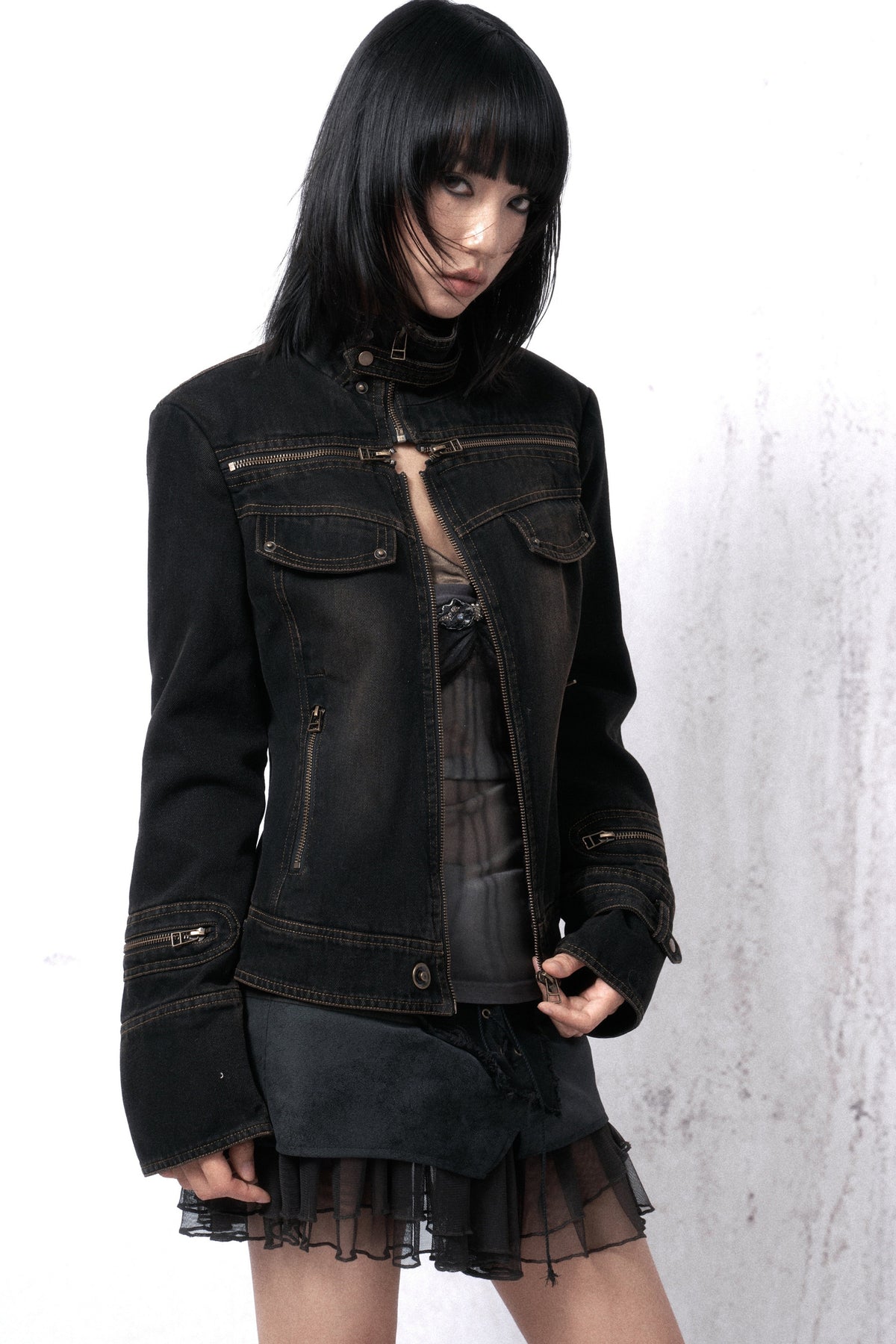 Washed Distressed Cross-Zipper Quilted Denim Jacket