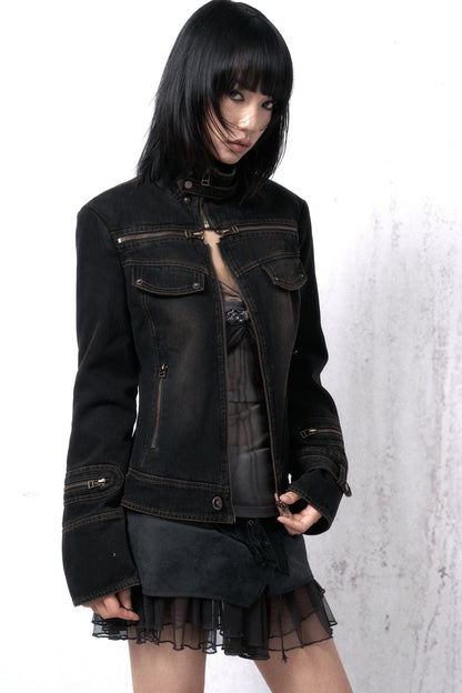Washed Distressed Cross-Zipper Quilted Denim Jacket