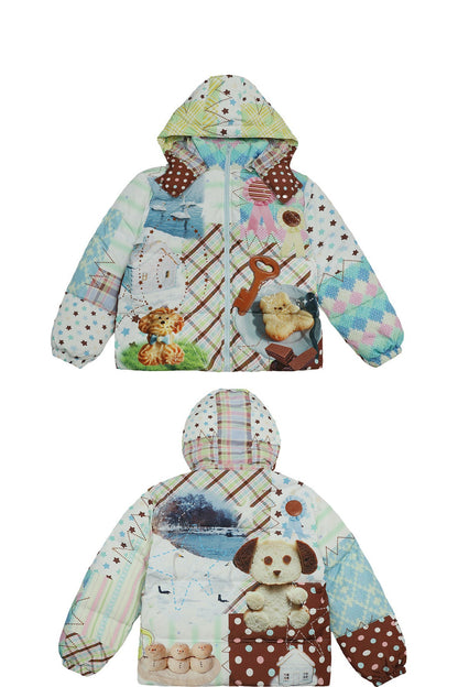 Loose Patchwork Print Hooded Jacket