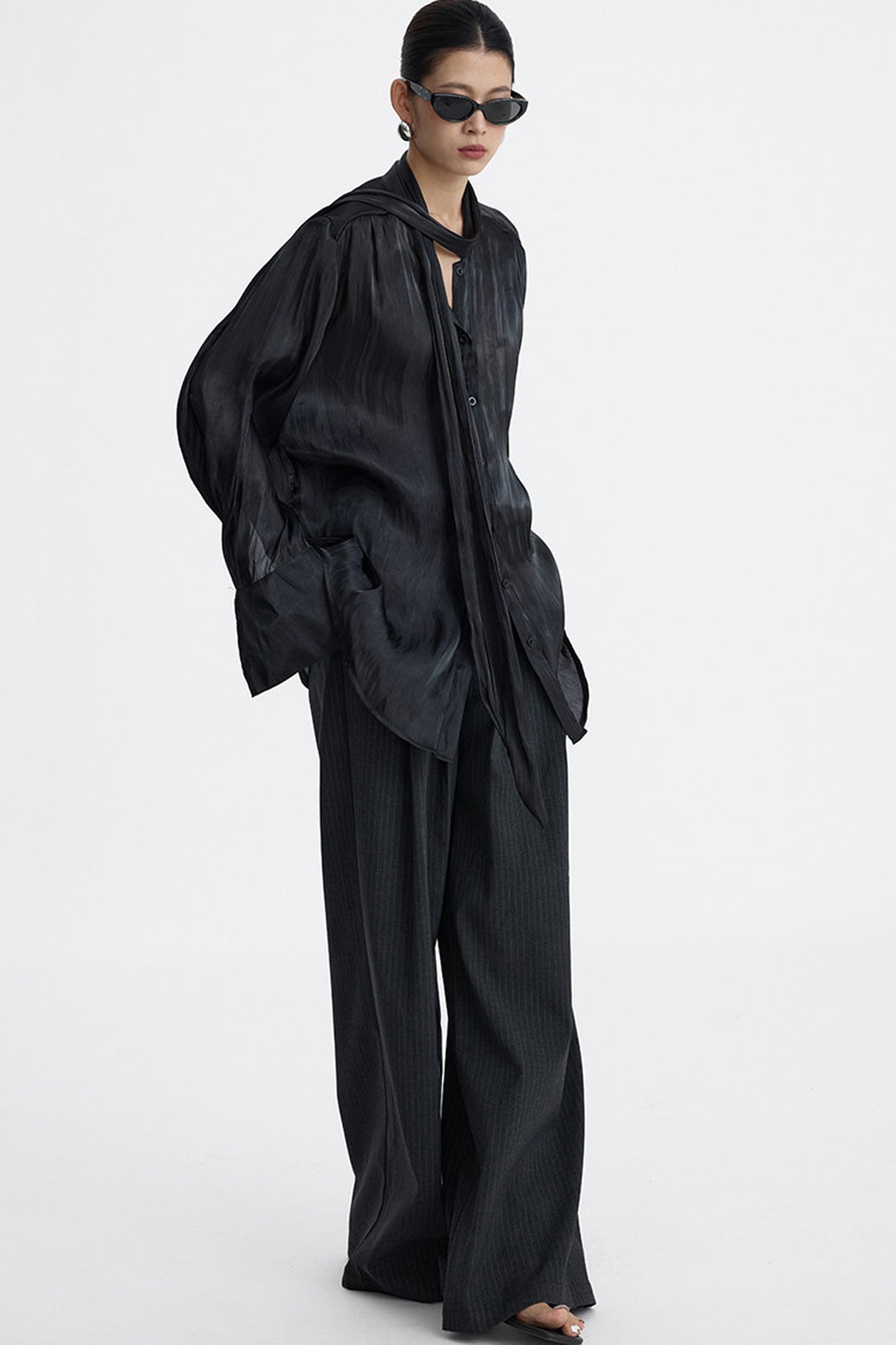 Pleated Tie Neck Shirt