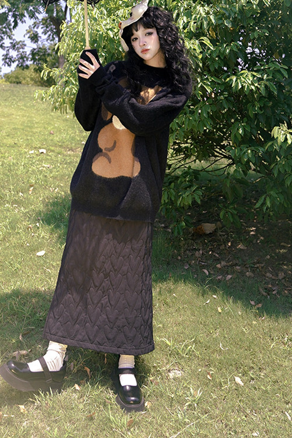 Heart Jacquard Slit Skirt