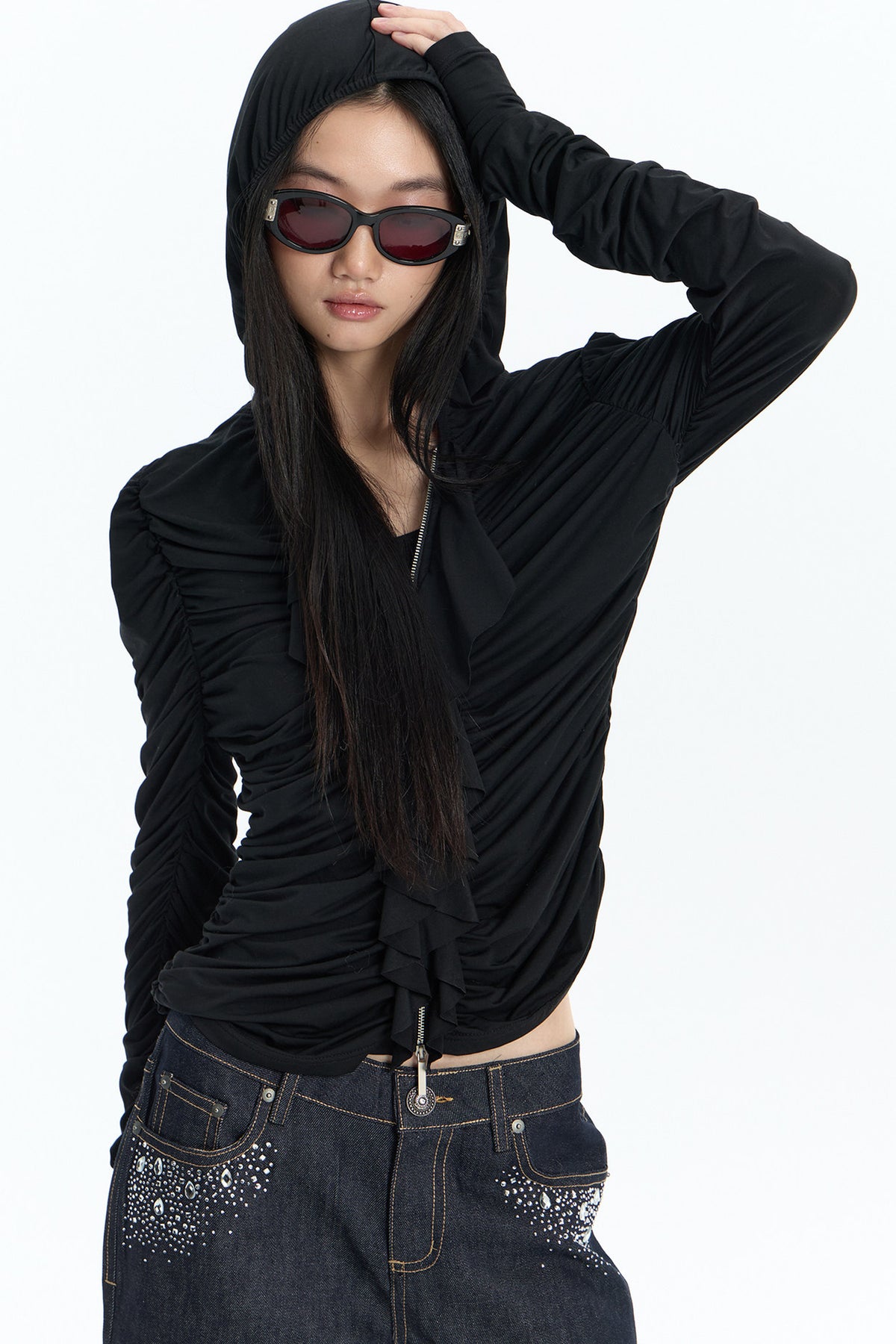 Short Ruffled Modal Hoodie