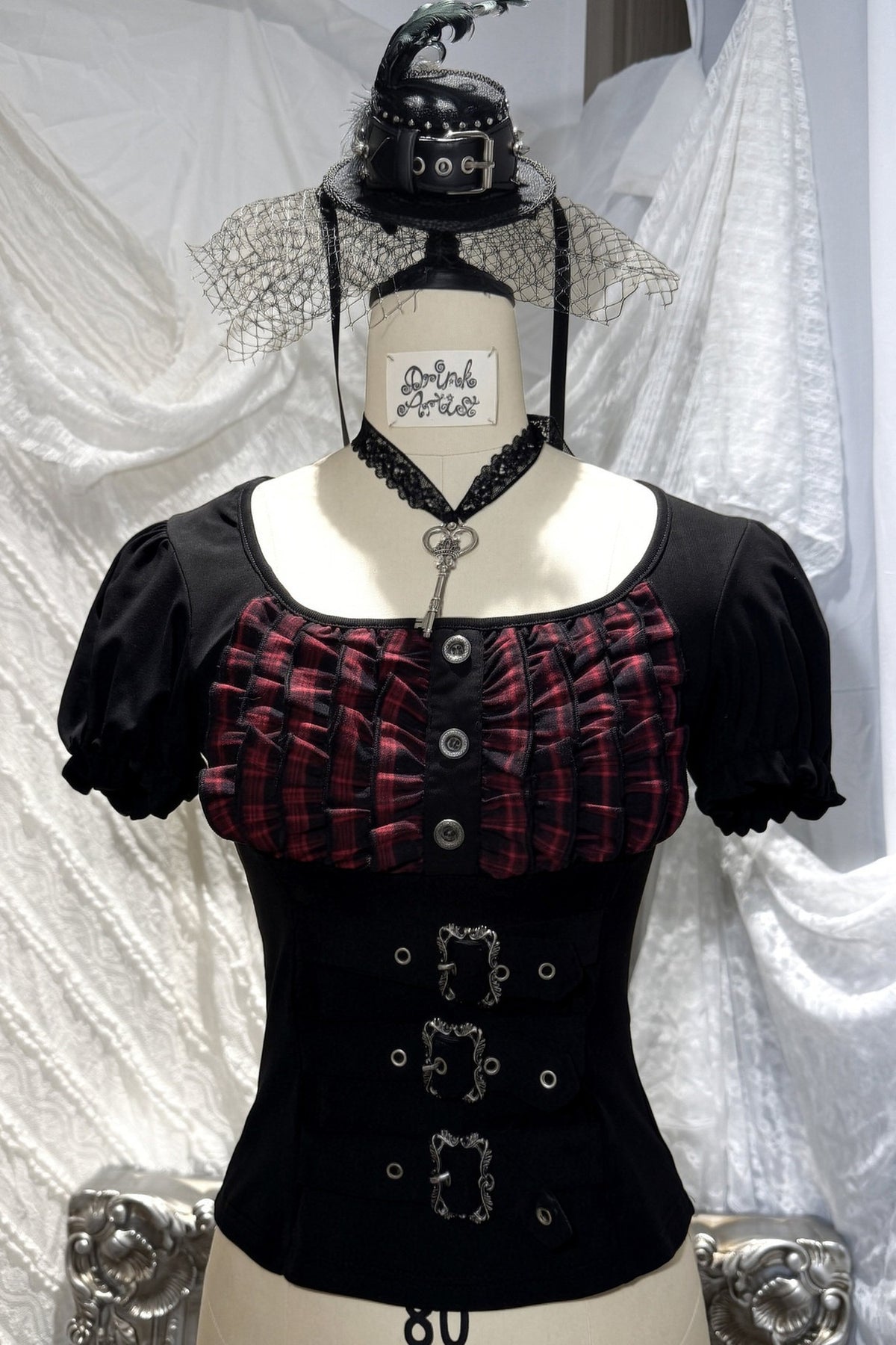 Plaid Puff Sleeve Knit Top and Mesh Cake Skirt Set-Up