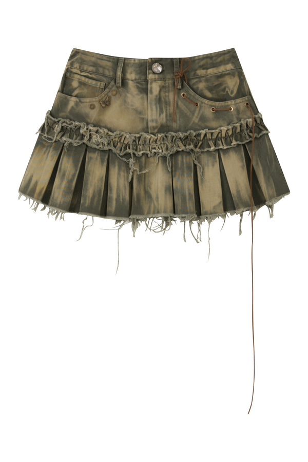 Pleated Washed Denim Skirt