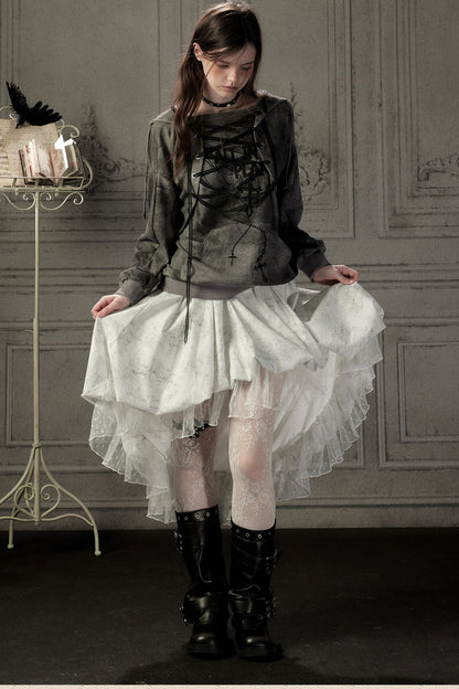 Distressed Drawstring Cross Print Hooded Pullover Sweatshirt