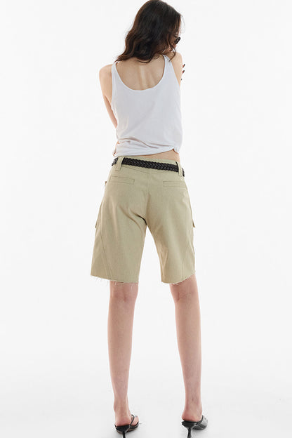Khaki Workwear Straight-Leg Frayed Hem Pants