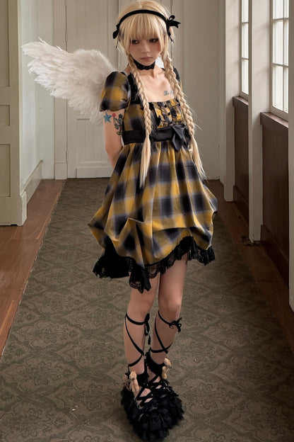 Yellow Plaid Puff Sleeve Dress Set-Up