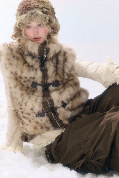 Plush Patchwork Plaid Leopard Horn Button Jacket