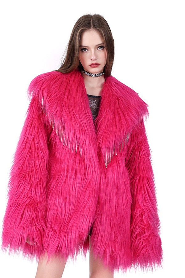 Pink Rhinestone Fringe Fur Jacket