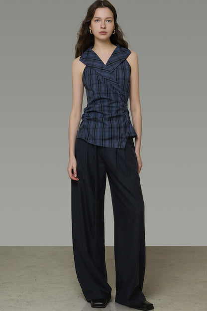Navy Plaid Pleated Top