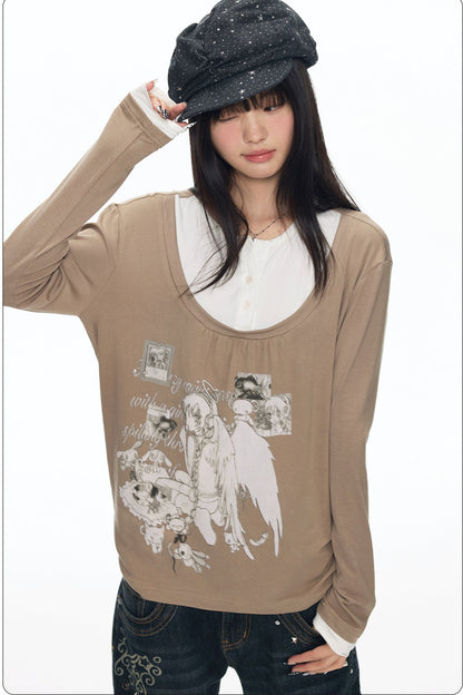 Brown Layered-Look Long Sleeve T-Shirt