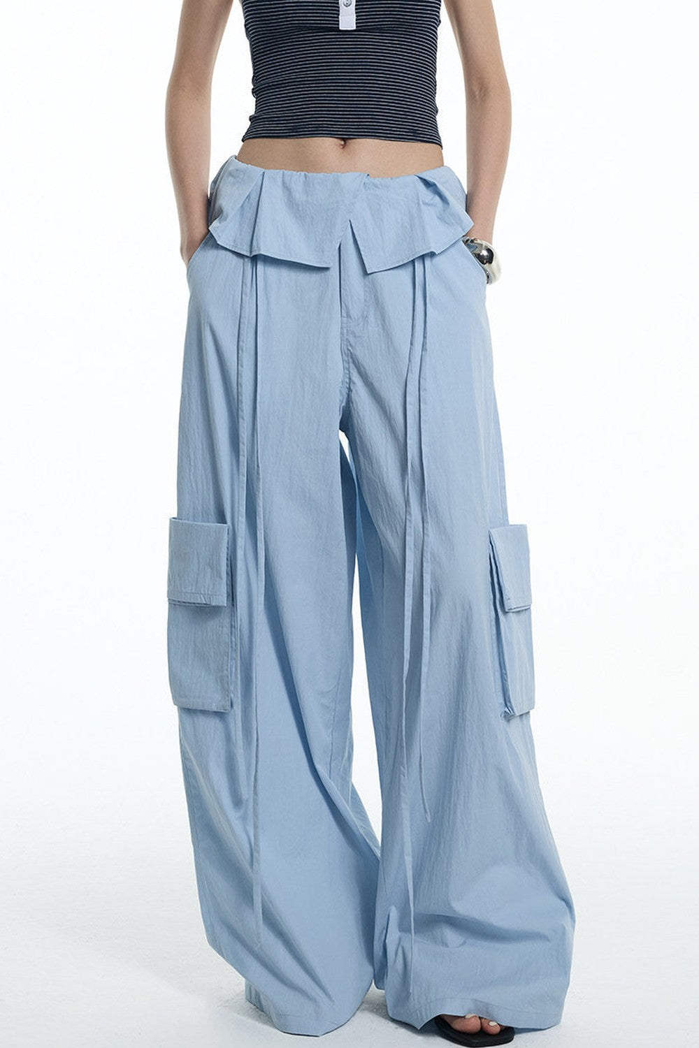 Ruffled Glacier Blue Wide-Leg Pants